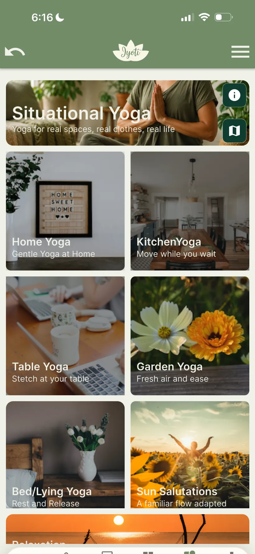 Situational Yoga screen with yoga for home, kitchen, table, garden and bed