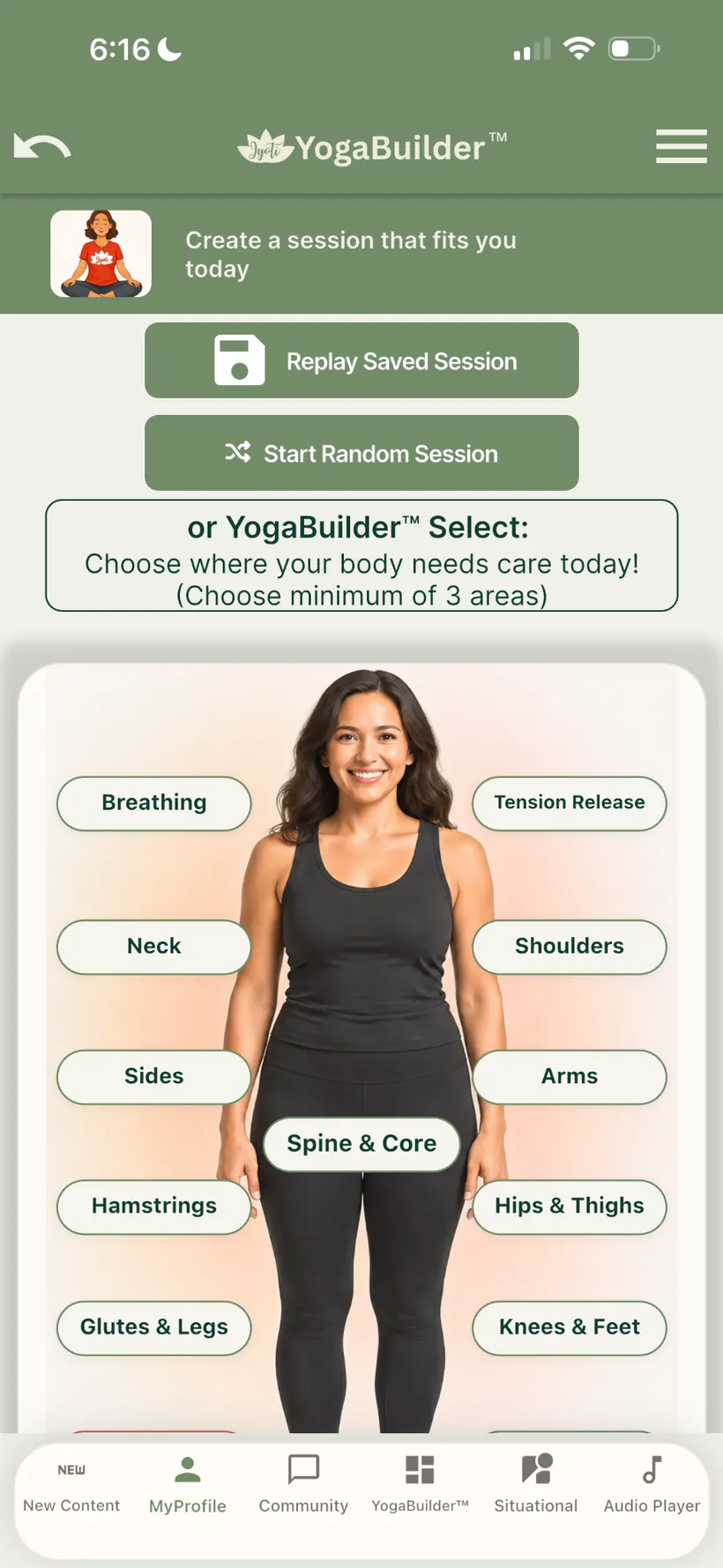 YogaBuilder screen showing personalised body target areas
