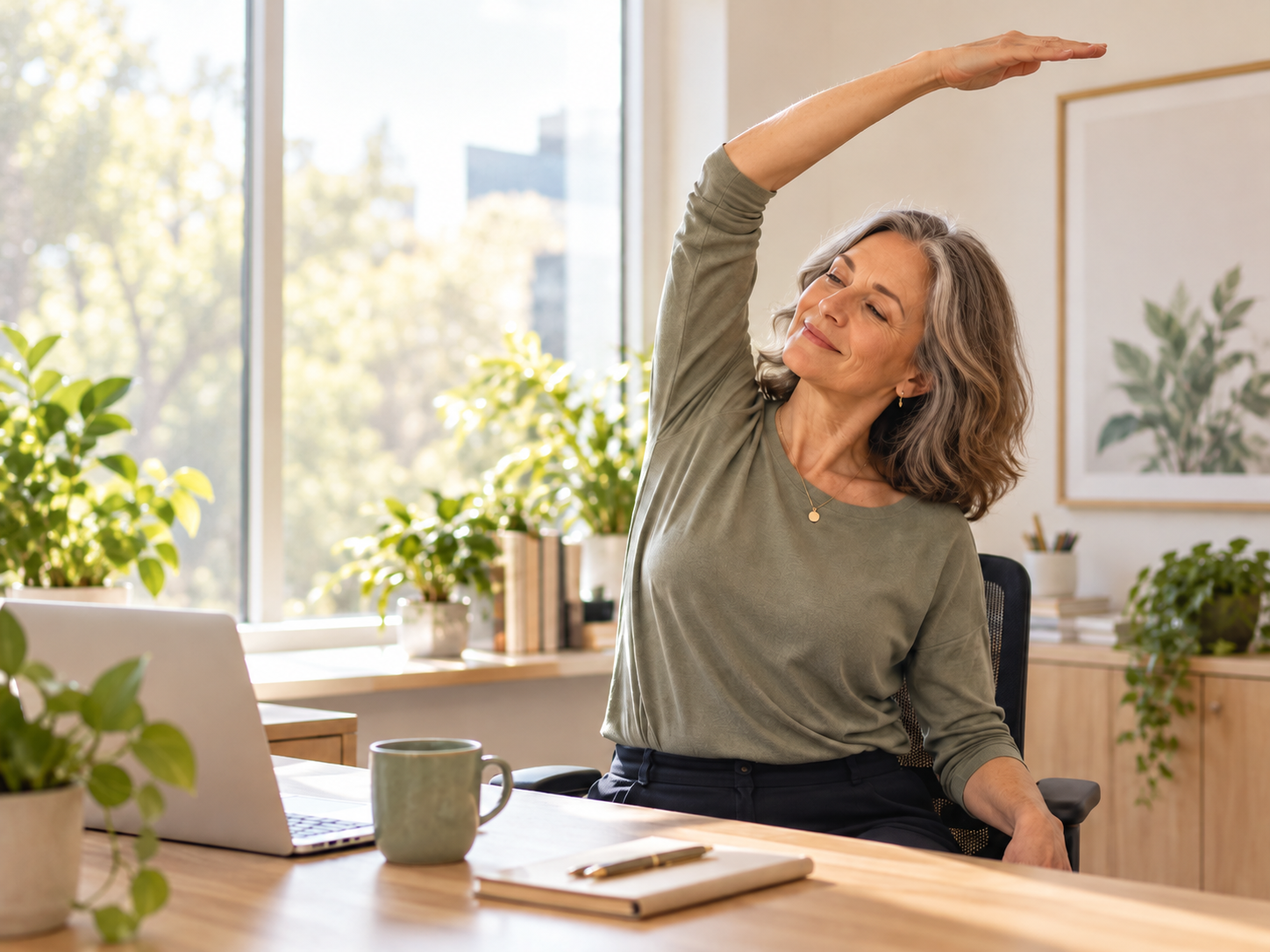 Woman doing desk yoga in a bright office